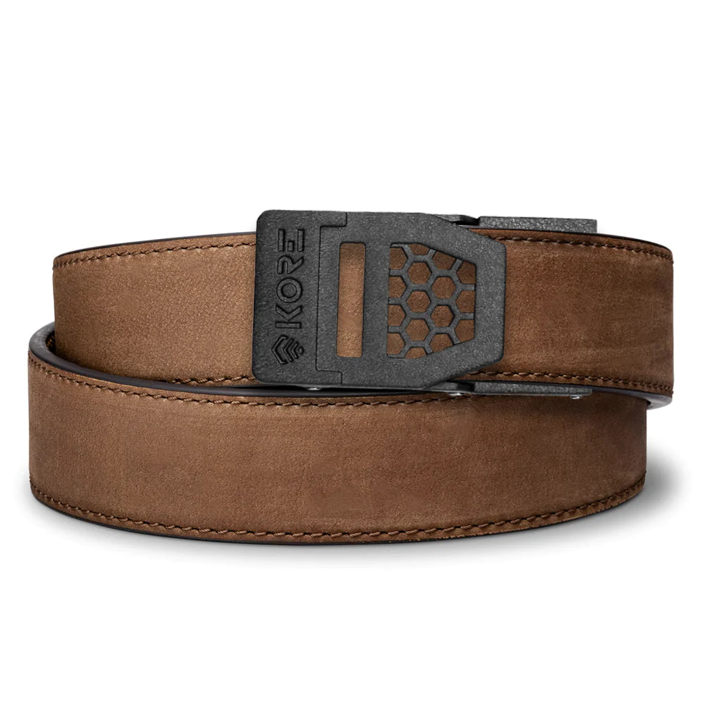 Kore Essentials is the originator of the ratcheting gun belt. We make the world’s best gun belt for concealed carry, everyday carry (EDC), ccw, law enforcement and military personnel. What makes Kore gun belts the best? Several patented innovations. First, our gun belts use a micro adjustable track that’s sewn into the back of the belt. This track lets you - tighten or loosen – your belt ¼” at a time to over 40+ sizing points. The result = a perfect fit all day, every day.