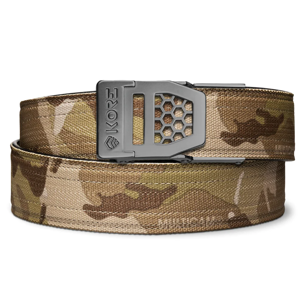 Kore Essentials is the originator of the ratcheting gun belt. We make the world’s best gun belt for concealed carry, everyday carry (EDC), ccw, law enforcement and military personnel.  What makes Kore gun belts the best? Several patented innovations. First, our gun belts use a micro adjustable track that’s sewn into the back of the belt. This track lets you - tighten or loosen – your belt ¼” at a time to over 40+ sizing points. The result = a perfect fit all day, every day.