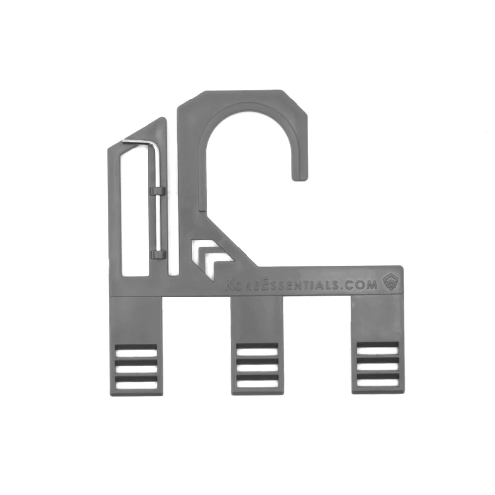 Hang 1 to 3 Kore track belts in your closet - next to your pants. Just like nature intended.  Fits ALL Kore buckle styles - fashion, slim & gun buckles. No installation. It hangs on your existing closet rod.  Belt buckle "zips" up into the hanger and automatically locks in place. To release, squeeze the tab and it drops into your hand.  Holds 3 belt keepers and 2mm set screw wrench.     Belt hangers can be used with ALL of our Kore belt buckles, including stainless, alloy, slim, express and gun belts.