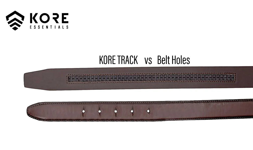 Hang 1 to 3 Kore track belts in your closet - next to your pants. Just like nature intended. Fits ALL Kore buckle styles - fashion, slim & gun buckles. No installation. It hangs on your existing closet rod. Belt buckle "zips" up into the hanger and automatically locks in place. To release, squeeze the tab and it drops into your hand. Holds 3 belt keepers and 2mm set screw wrench. Belt hangers can be used with ALL of our Kore belt buckles, including stainless, alloy, slim, express and gun belts.