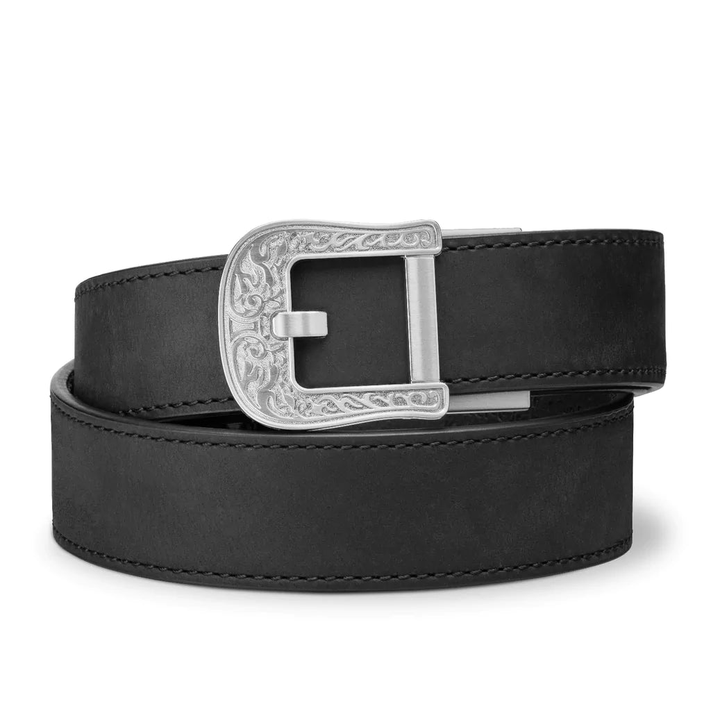 Hang 1 to 3 Kore track belts in your closet - next to your pants. Just like nature intended.  Fits ALL Kore buckle styles - fashion, slim & gun buckles. No installation. It hangs on your existing closet rod.  Belt buckle "zips" up into the hanger and automatically locks in place. To release, squeeze the tab and it drops into your hand.  Holds 3 belt keepers and 2mm set screw wrench.     Belt hangers can be used with ALL of our Kore belt buckles, including stainless, alloy, slim, express and gun belts.