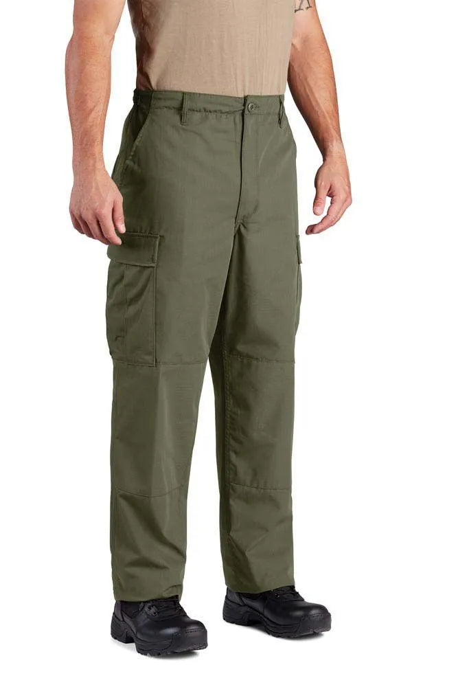 This 100% cotton ripstop Battle Dress Uniform Trouser (BDU) is sewn to mil-spec MIL-T-44047E. Maximum durability in a classic style with all the functional details you need. Felled seams and a reinforced seat and knee for maximum durability. Six pockets with fused flaps give you a clean, professional look.