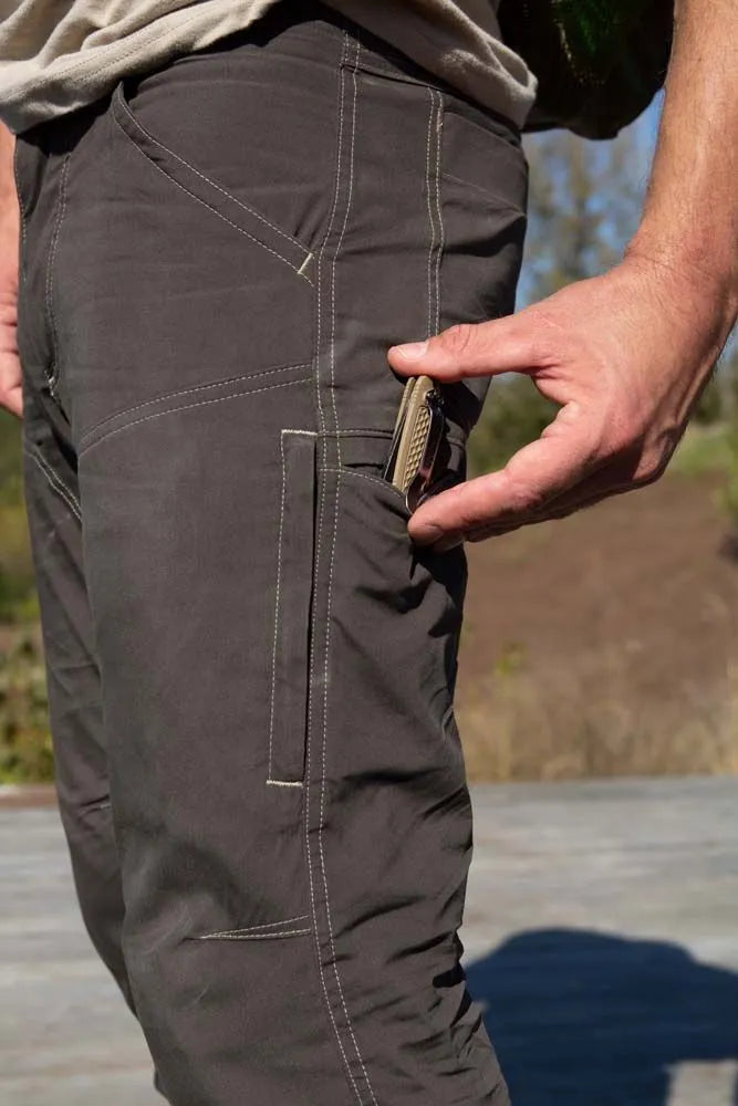 Exceptional performance no matter where your journey takes you with the lightweight, breathable, cotton-like feel of the Aeros pant. The durable cotton-nylon-spandex blend holds up to hiking and other outdoor activities, with articulated knees, double stitching, reinforced pockets and a tough eyelet snap to hold it all together on the job. Useful, low profile pockets keep all your EDC and other essentials close at hand while the casual look of the Aeros allows you to wear them anywhere.