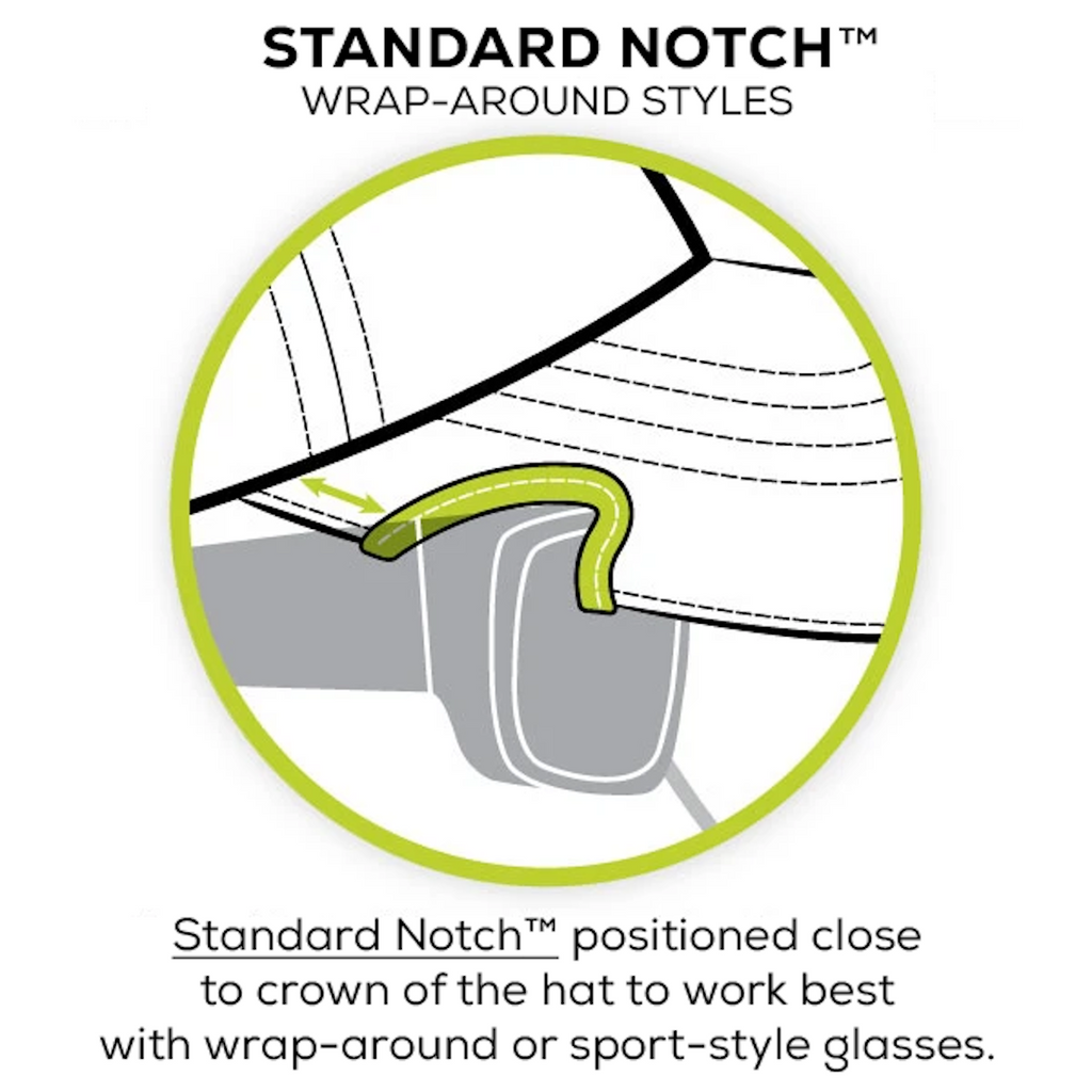 The Standard Notch is designed to work with most wrap-around or sport style sunglasses, shooting glasses, and safety glasses. These styles have a curved appearance, designed to conform to the contour of the head.