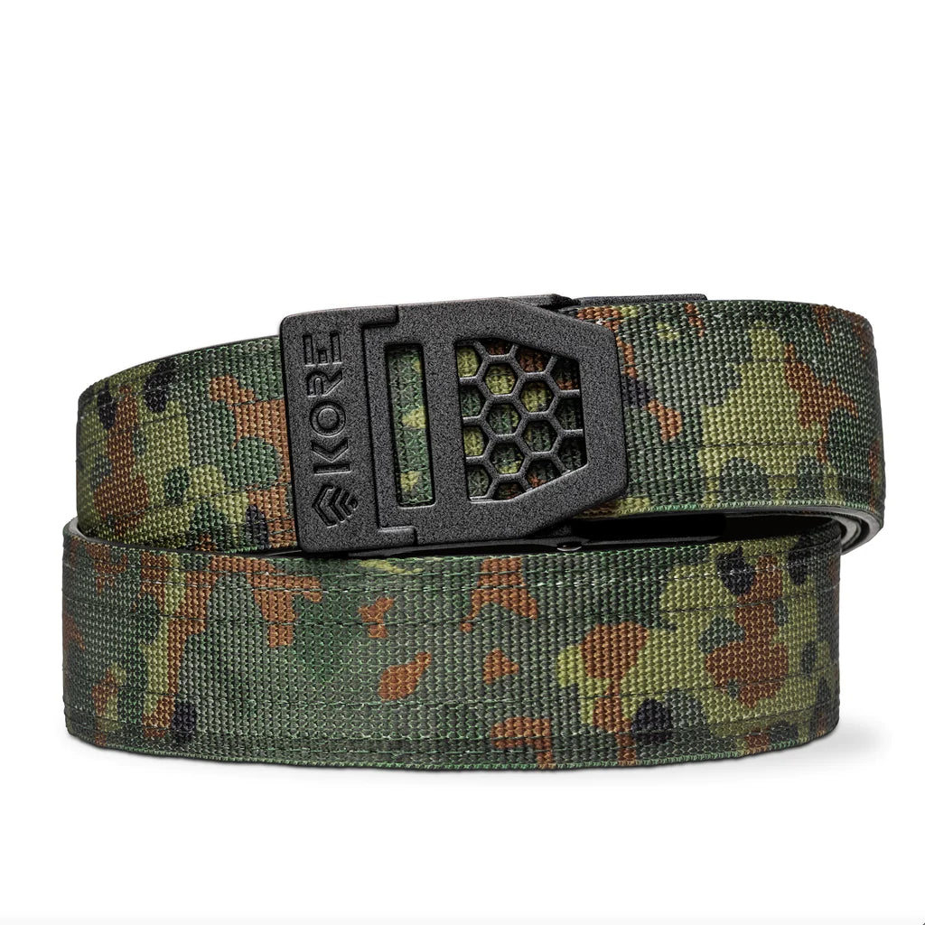 Kore Essentials is the originator of the ratcheting gun belt. We make the world’s best gun belt for concealed carry, everyday carry (EDC), ccw, law enforcement and military personnel.  What makes Kore gun belts the best? Several patented innovations. First, our gun belts use a micro adjustable track that’s sewn into the back of the belt. This track lets you - tighten or loosen – your belt ¼” at a time to over 40+ sizing points. The result = a perfect fit all day, every day.  