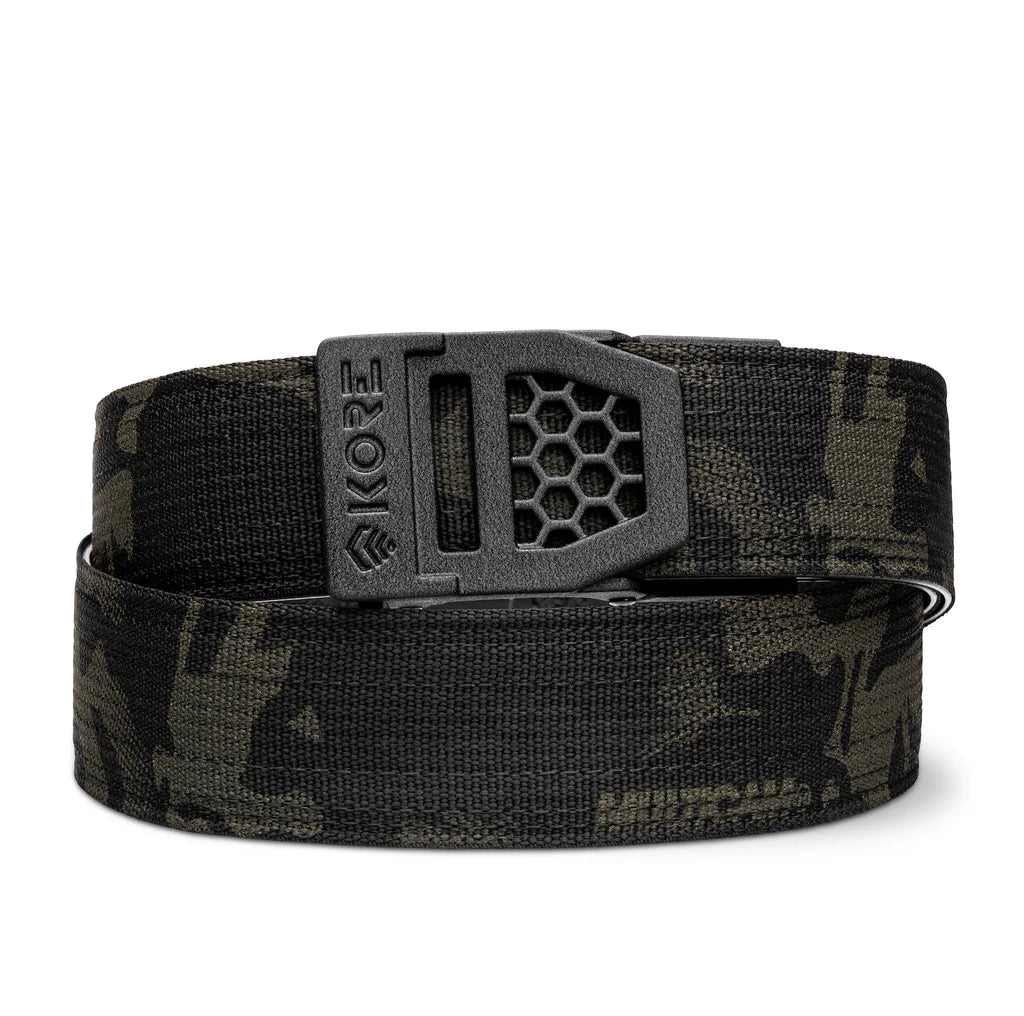 Kore Essentials is the originator of the ratcheting gun belt. We make the world’s best gun belt for concealed carry, everyday carry (EDC), ccw, law enforcement and military personnel.  What makes Kore gun belts the best? Several patented innovations. First, our gun belts use a micro adjustable track that’s sewn into the back of the belt. This track lets you - tighten or loosen – your belt ¼” at a time to over 40+ sizing points. The result = a perfect fit all day, every day.  