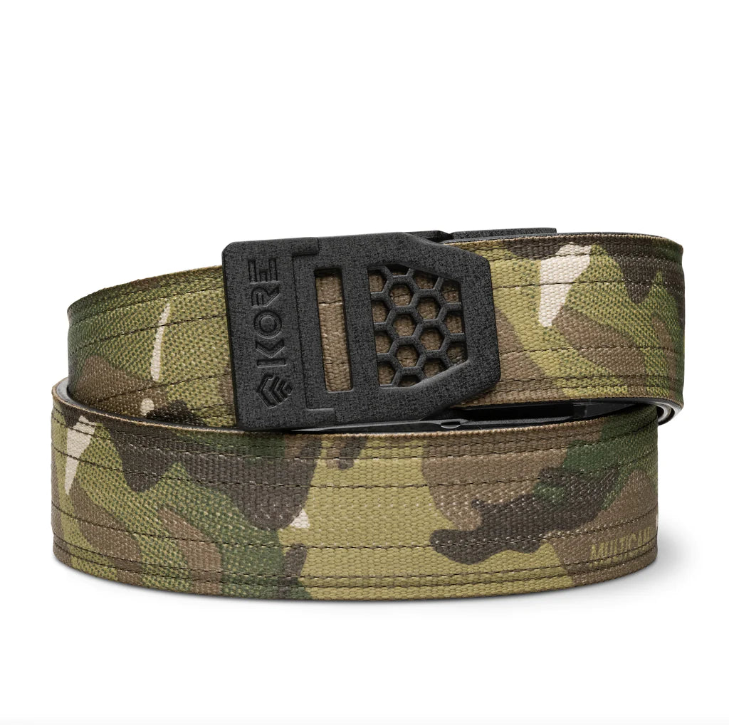 Kore Essentials is the originator of the ratcheting gun belt. We make the world’s best gun belt for concealed carry, everyday carry (EDC), ccw, law enforcement and military personnel.  What makes Kore gun belts the best? Several patented innovations. First, our gun belts use a micro adjustable track that’s sewn into the back of the belt. This track lets you - tighten or loosen – your belt ¼” at a time to over 40+ sizing points. The result = a perfect fit all day, every day.  