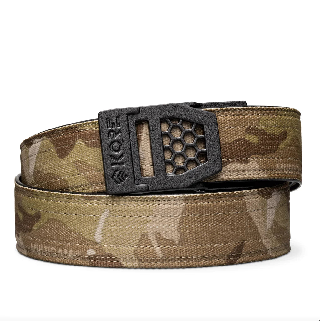 Kore Essentials is the originator of the ratcheting gun belt. We make the world’s best gun belt for concealed carry, everyday carry (EDC), ccw, law enforcement and military personnel.  What makes Kore gun belts the best? Several patented innovations. First, our gun belts use a micro adjustable track that’s sewn into the back of the belt. This track lets you - tighten or loosen – your belt ¼” at a time to over 40+ sizing points. The result = a perfect fit all day, every day.  