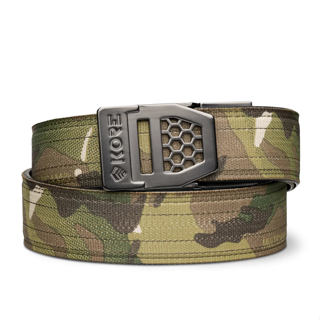 Kore Essentials is the originator of the ratcheting gun belt. We make the world’s best gun belt for concealed carry, everyday carry (EDC), ccw, law enforcement and military personnel.  What makes Kore gun belts the best? Several patented innovations. First, our gun belts use a micro adjustable track that’s sewn into the back of the belt. This track lets you - tighten or loosen – your belt ¼” at a time to over 40+ sizing points. The result = a perfect fit all day, every day.  