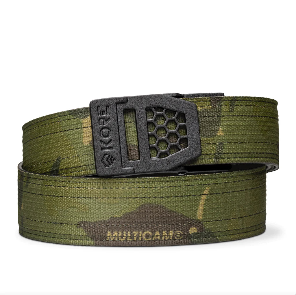 Kore Essentials is the originator of the ratcheting gun belt. We make the world’s best gun belt for concealed carry, everyday carry (EDC), ccw, law enforcement and military personnel.  What makes Kore gun belts the best? Several patented innovations. First, our gun belts use a micro adjustable track that’s sewn into the back of the belt. This track lets you - tighten or loosen – your belt ¼” at a time to over 40+ sizing points. The result = a perfect fit all day, every day.  