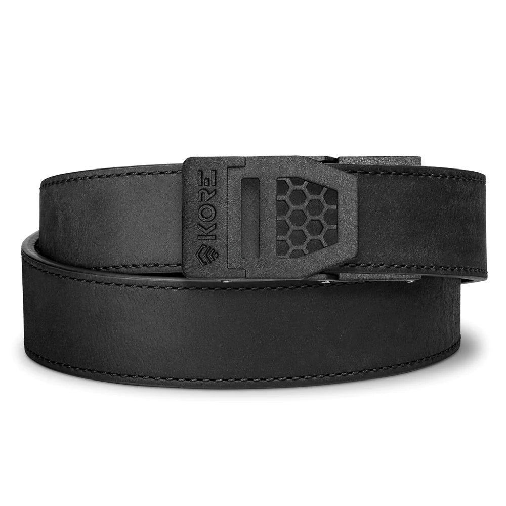 Kore Essentials is the originator of the ratcheting gun belt. We make the world’s best gun belt for concealed carry, everyday carry (EDC), ccw, law enforcement and military personnel.  What makes Kore gun belts the best? Several patented innovations. First, our gun belts use a micro adjustable track that’s sewn into the back of the belt. This track lets you - tighten or loosen – your belt ¼” at a time to over 40+ sizing points. The result = a perfect fit all day, every day.  