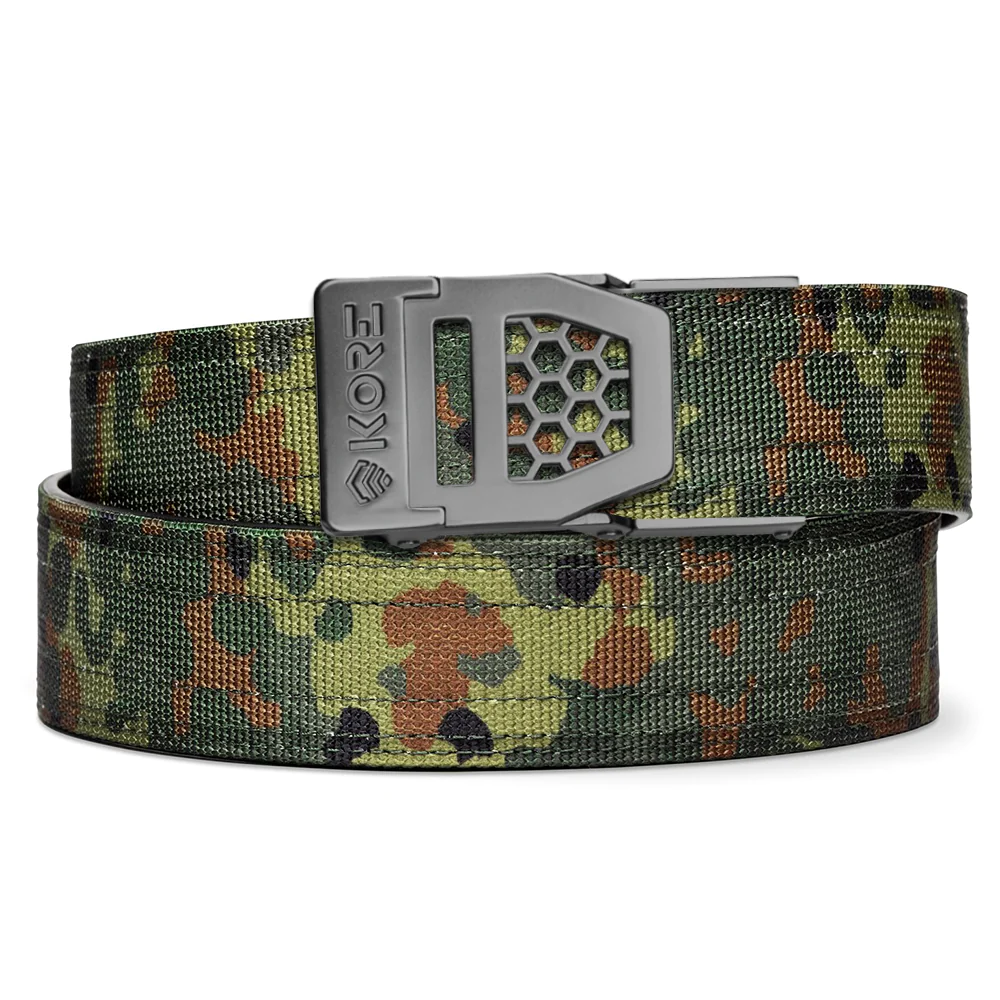 Kore Essentials is the originator of the ratcheting gun belt. We make the world’s best gun belt for concealed carry, everyday carry (EDC), ccw, law enforcement and military personnel.  What makes Kore gun belts the best? Several patented innovations. First, our gun belts use a micro adjustable track that’s sewn into the back of the belt. This track lets you - tighten or loosen – your belt ¼” at a time to over 40+ sizing points. The result = a perfect fit all day, every day.  