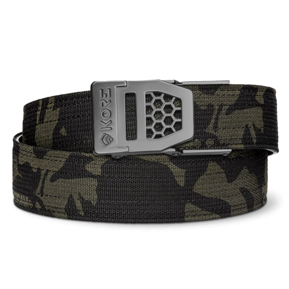 Kore Essentials is the originator of the ratcheting gun belt. We make the world’s best gun belt for concealed carry, everyday carry (EDC), ccw, law enforcement and military personnel.  What makes Kore gun belts the best? Several patented innovations. First, our gun belts use a micro adjustable track that’s sewn into the back of the belt. This track lets you - tighten or loosen – your belt ¼” at a time to over 40+ sizing points. The result = a perfect fit all day, every day.  