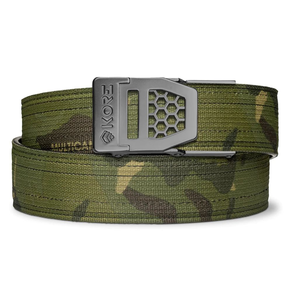 Kore Essentials is the originator of the ratcheting gun belt. We make the world’s best gun belt for concealed carry, everyday carry (EDC), ccw, law enforcement and military personnel.  What makes Kore gun belts the best? Several patented innovations. First, our gun belts use a micro adjustable track that’s sewn into the back of the belt. This track lets you - tighten or loosen – your belt ¼” at a time to over 40+ sizing points. The result = a perfect fit all day, every day.  