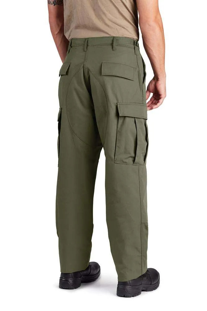 This 100% cotton ripstop Battle Dress Uniform Trouser (BDU) is sewn to mil-spec MIL-T-44047E. Maximum durability in a classic style with all the functional details you need. Felled seams and a reinforced seat and knee for maximum durability. Six pockets with fused flaps give you a clean, professional look.